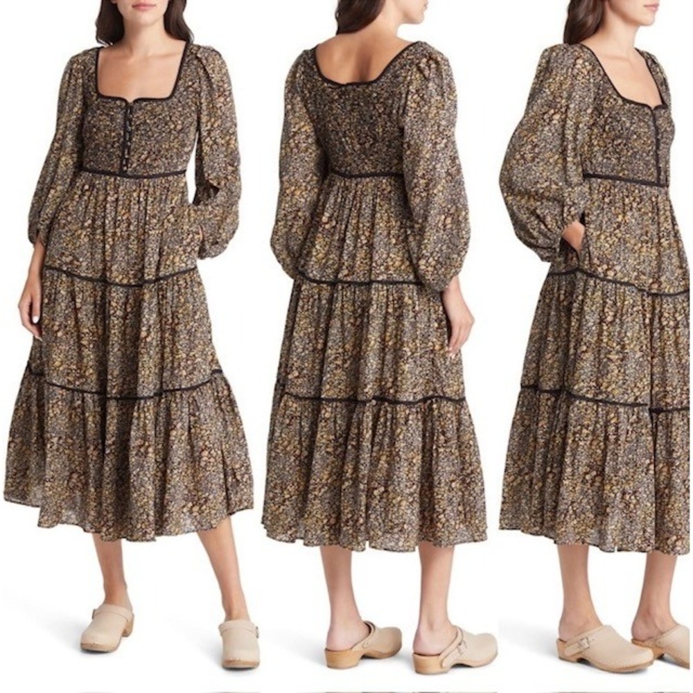 Madewell Cottage Garden Embroidered‎ Tiered Puff Sleeve Midi Dress Black 10